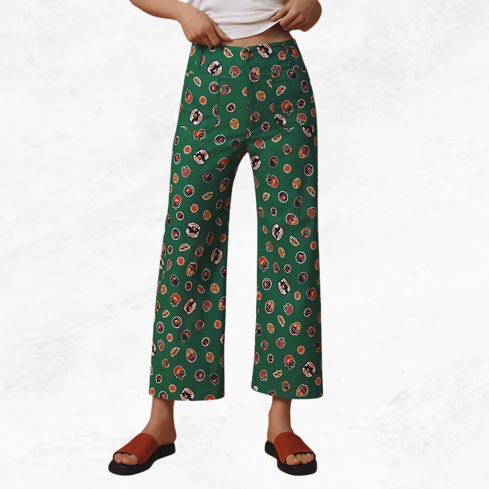 Maeve Green Wide-Leg Printed Pants